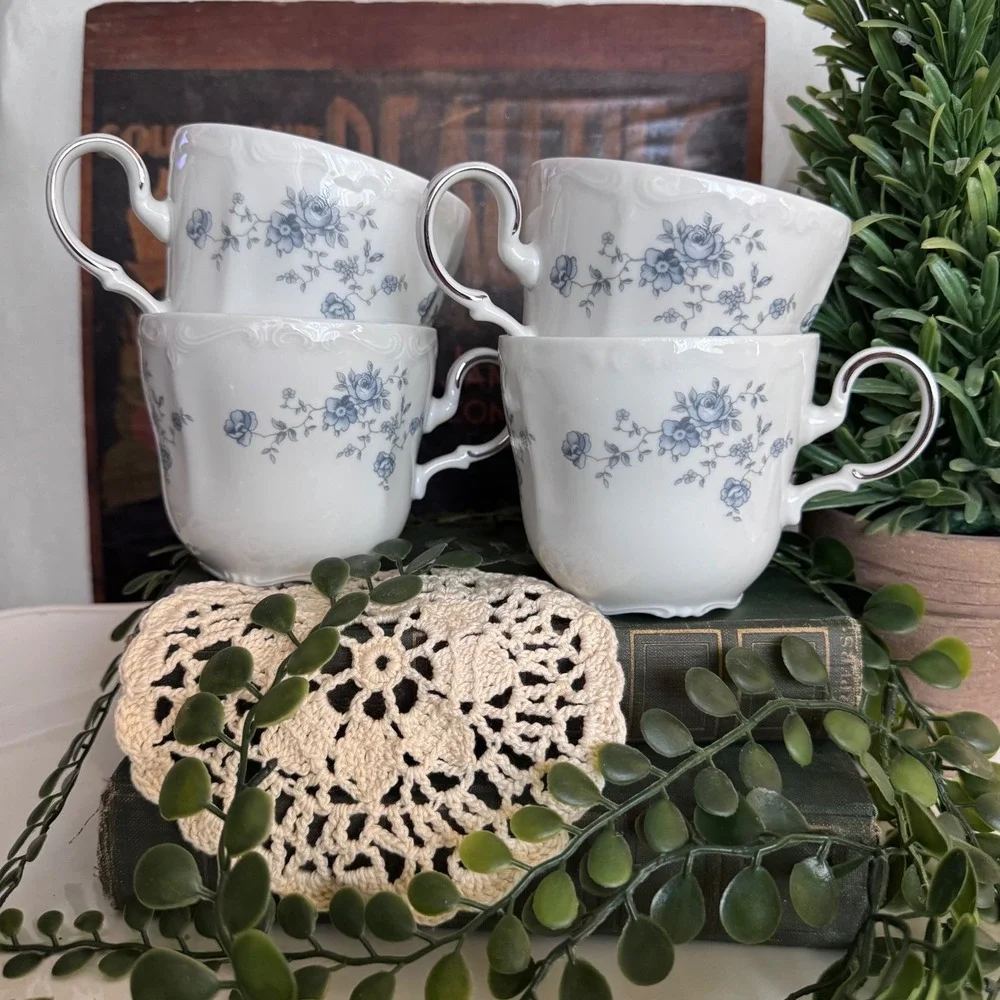 Johann Haviland Blue Garland Tea Cups Set of 4 Bavaria Germany Blue Rose Floral